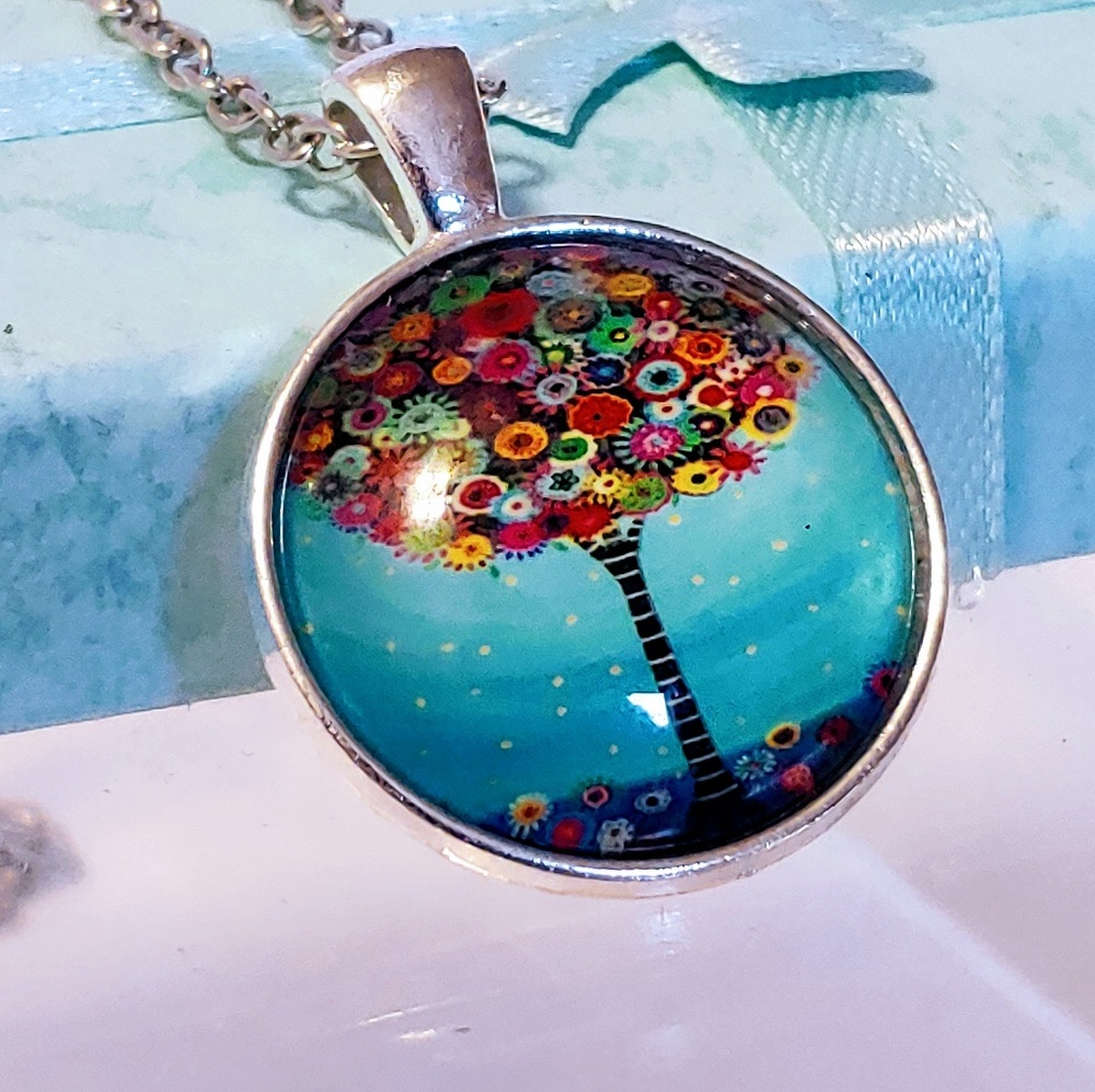 Silver Hamdmaded Necklace with Colorful Tree